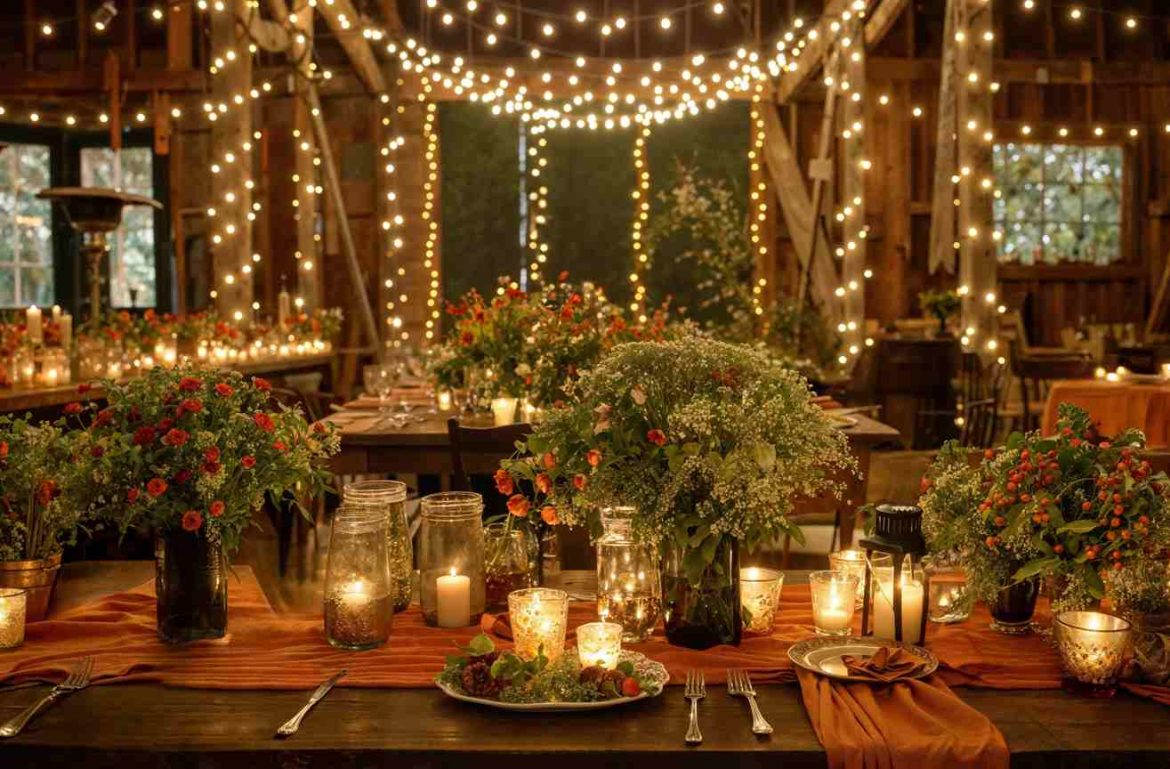 Grange rustique illuminée par des guirlandes et lumieres pour deco mariage nuit au-dessus de tables fleuries.